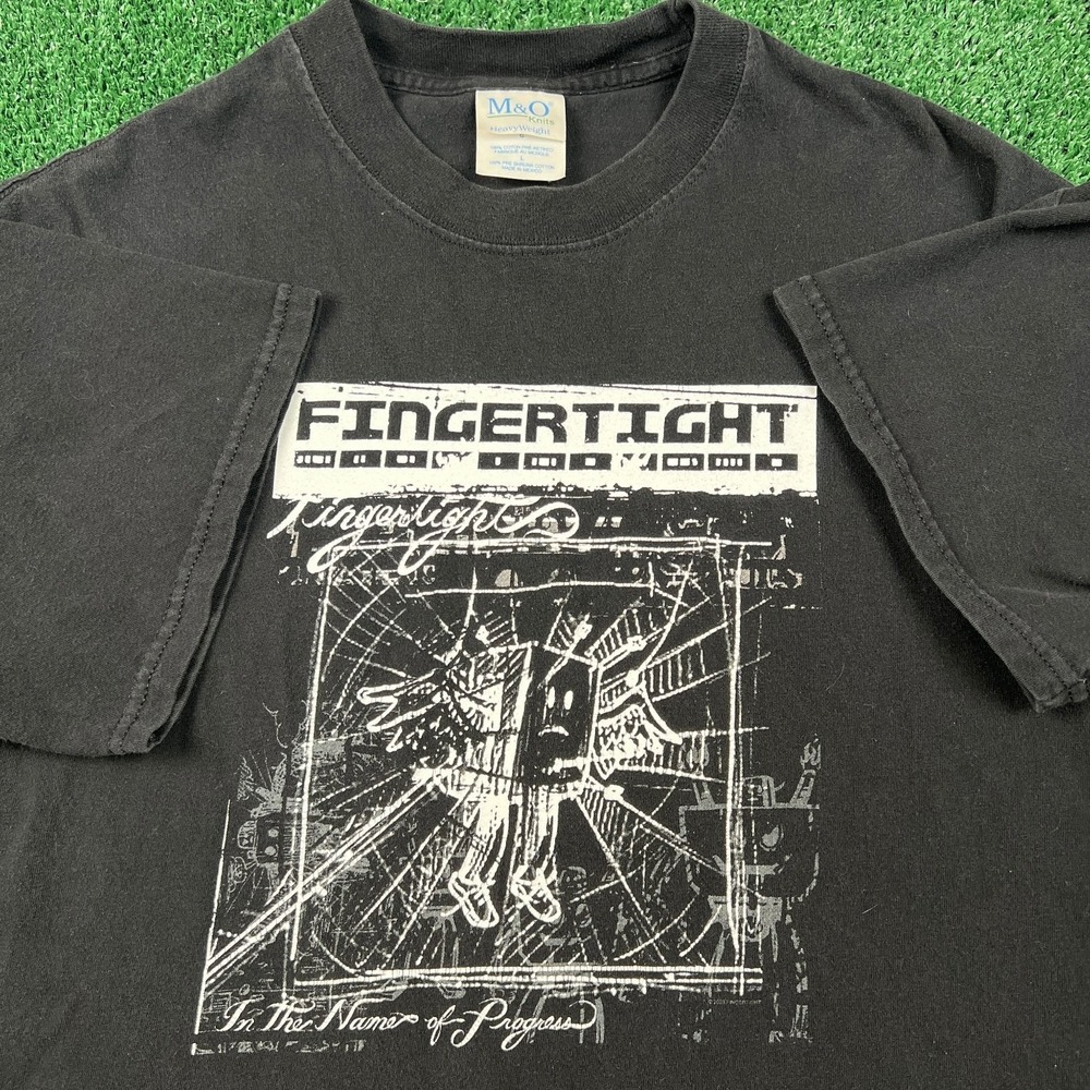Vintage M&O Knit Fingertight Rock Band T-Shirt Men's Large Faded Black Music Y2K